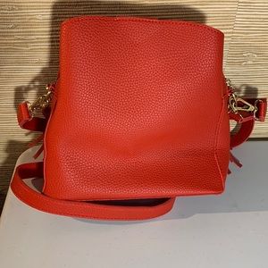 Red Mini 3 Section Leather Bucket Bag with handle and crossbody strap